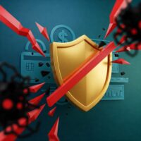 Stylized shield deflecting digital threats, protecting financial symbols like credit cards and currency, representing financial fraud prevention and online security.