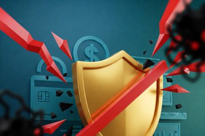 Stylized shield deflecting digital threats, protecting financial symbols like credit cards and currency, representing financial fraud prevention and online security.