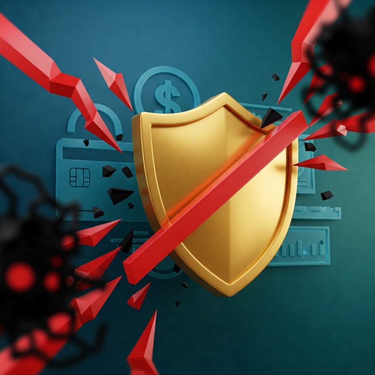 Stylized shield deflecting digital threats, protecting financial symbols like credit cards and currency, representing financial fraud prevention and online security.