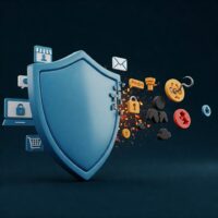 Stylized digital shield protecting online activities like banking and email from cyber threats such as phishing, identity theft, and AI scams, illustrating the importance of fraud prevention and online security.