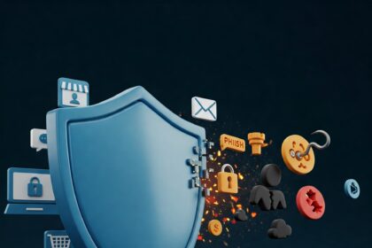 Stylized digital shield protecting online activities like banking and email from cyber threats such as phishing, identity theft, and AI scams, illustrating the importance of fraud prevention and online security.
