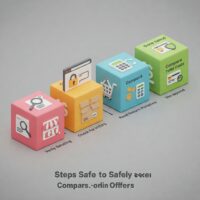 Infographic checklist showing 5 steps to safely compare online offers: Verify seller reputation, check HTTPS security, read return policies, compare total costs, and use secure payments.
