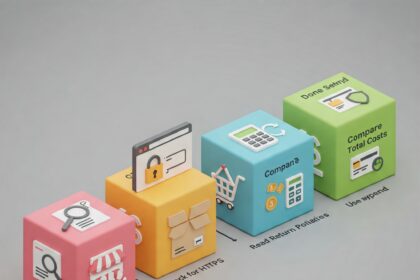 Infographic checklist showing 5 steps to safely compare online offers: Verify seller reputation, check HTTPS security, read return policies, compare total costs, and use secure payments.