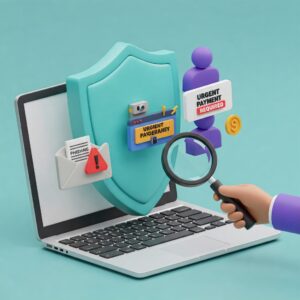 Illustration of a shield protecting a laptop screen from scam icons like phishing emails and fake alerts, while a hand holds a magnifying glass to inspect a warning sign, symbolizing online scam prevention, cybersecurity, and vigilance.