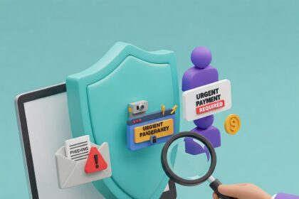 Illustration of a shield protecting a laptop screen from scam icons like phishing emails and fake alerts, while a hand holds a magnifying glass to inspect a warning sign, symbolizing online scam prevention, cybersecurity, and vigilance.