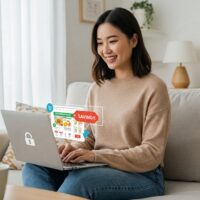 Person smiling while securely shopping online using a laptop, illustrating smart shopping tips for 2025 to save money and prevent fraud.