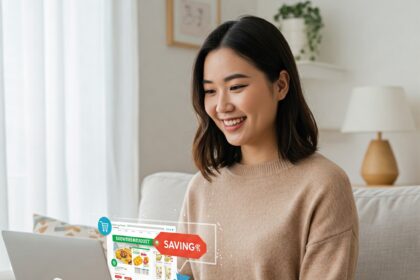 Person smiling while securely shopping online using a laptop, illustrating smart shopping tips for 2025 to save money and prevent fraud.