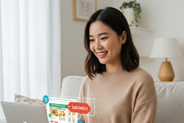 Person smiling while securely shopping online using a laptop, illustrating smart shopping tips for 2025 to save money and prevent fraud.