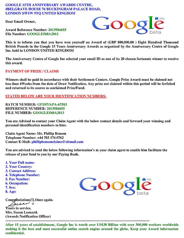 Email Scams Examples: Award Winning Prize