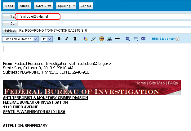 Email Scams Examples: FEDERAL BUREAU OF INVESTIGATION, (FBI)
