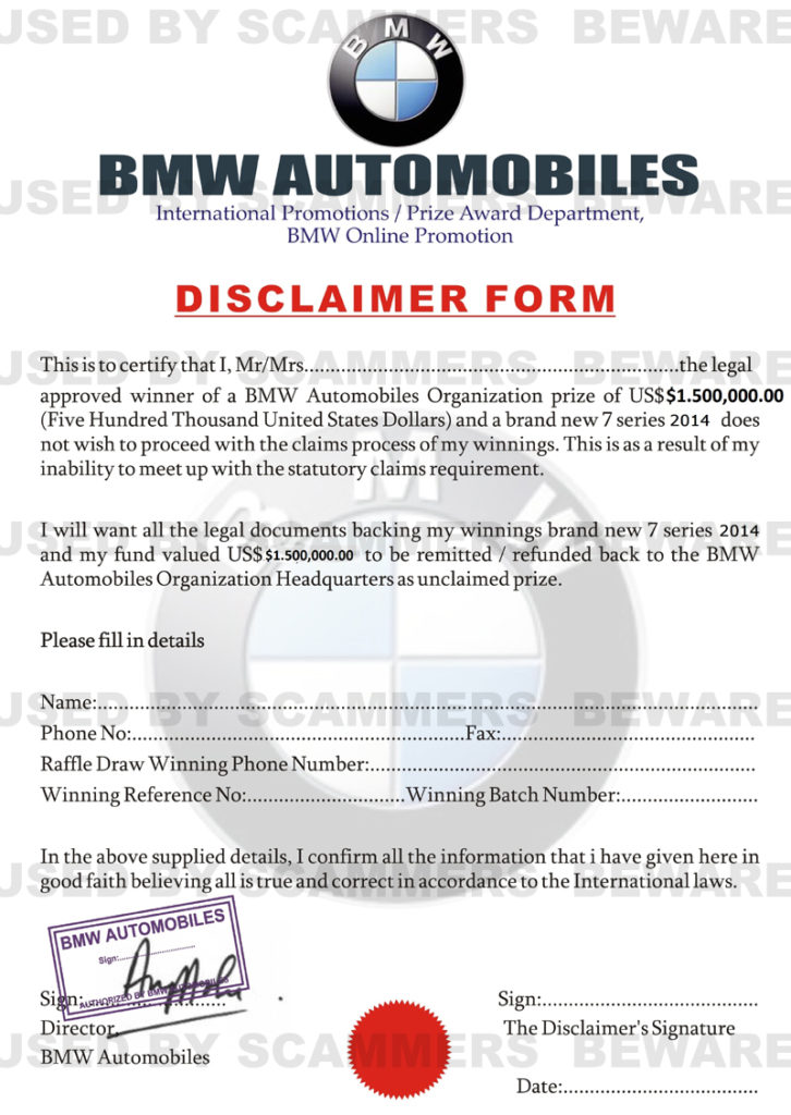 BMW Lottery Department: Email Scam Examples