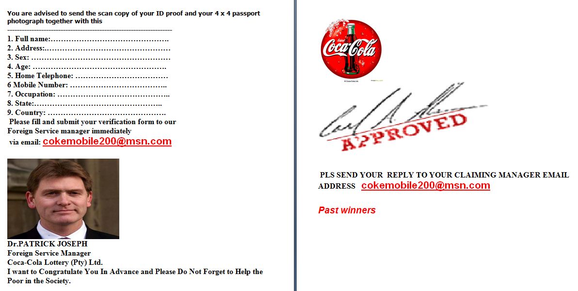 Email Scam COCA-COLA Promotion COCA-COLA Promotion