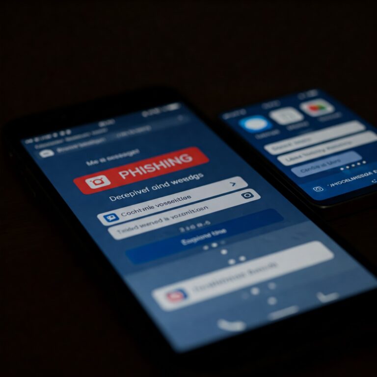 Illustration of a smartphone infected with malware, showing warning signs like rapid battery drain and pop-ups.