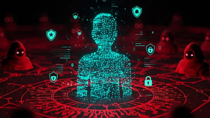 identity-theft-data-breach-2025-protection Illustration of a person's digital profile being targeted by cyber threats in 2025, highlighting the need for identity theft and data breach protection.