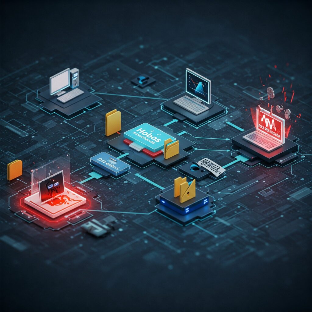 Conceptual illustration of a computer network being attacked by Phobos ransomware, showing encrypted files and a ransom demand.