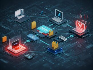 Conceptual illustration of a computer network being attacked by Phobos ransomware, showing encrypted files and a ransom demand.