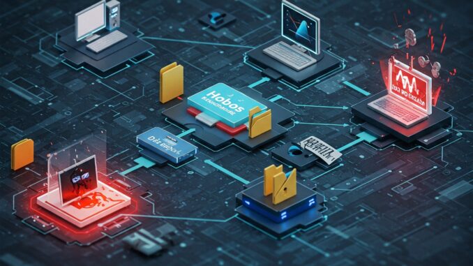 phobos-ransomware-attack-visual-representation-data-breach Conceptual illustration of a computer network being attacked by Phobos ransomware, showing encrypted files and a ransom demand.
