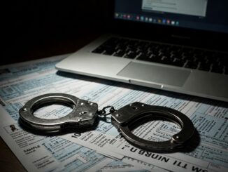 Handcuffs on top of fake tax documents and a laptop showing a romance scam chat window, representing the Thomas Addaquay fraud case.