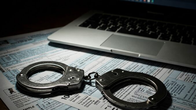 Thomas Addaquay Sentenced for $7 Million Fraud Scheme Handcuffs on top of fake tax documents and a laptop showing a romance scam chat window, representing the Thomas Addaquay fraud case.
