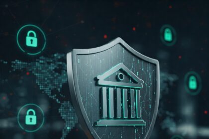 A blue shield icon overlaid on a stylized bank building, representing protection against ACH and banking fraud.