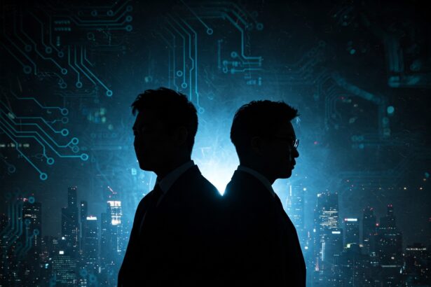 Silhouette of a hacker surrounded by a glowing red network web connecting to icons representing U.S. government agencies, technology companies, and other targets, subtly suggesting Chinese state-sponsored cyber espionage.