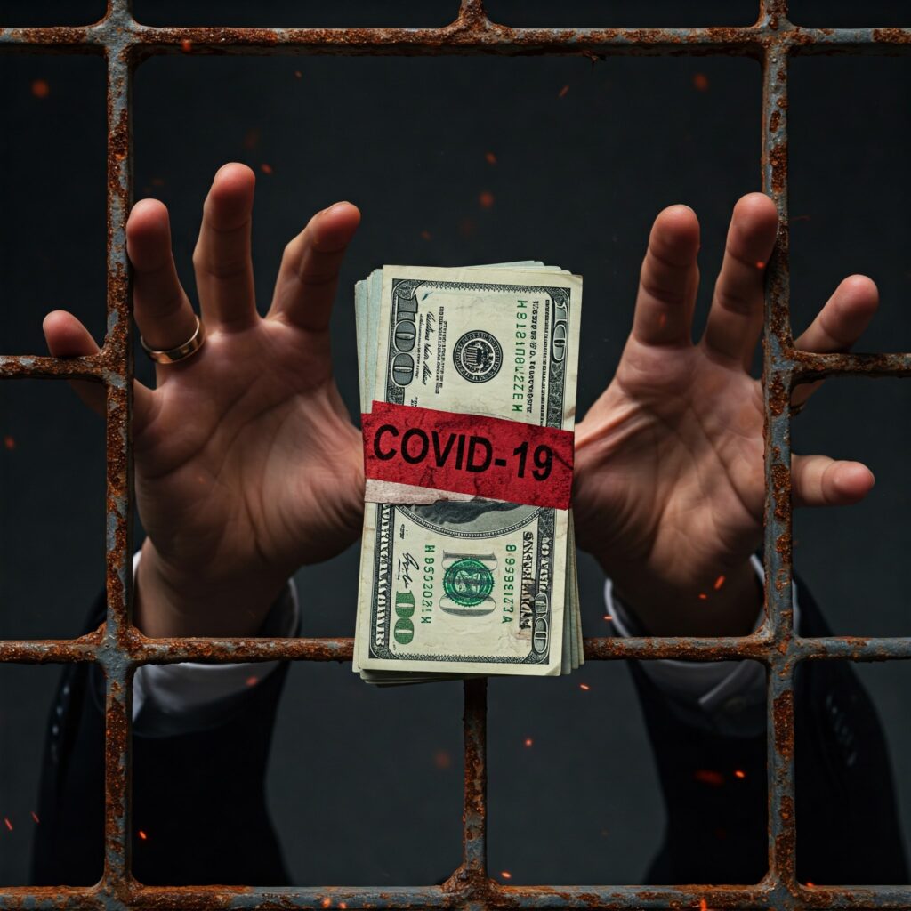 Conceptual image of hands reaching for COVID-19 relief funds, symbolizing PPP and EIDL loan fraud.
