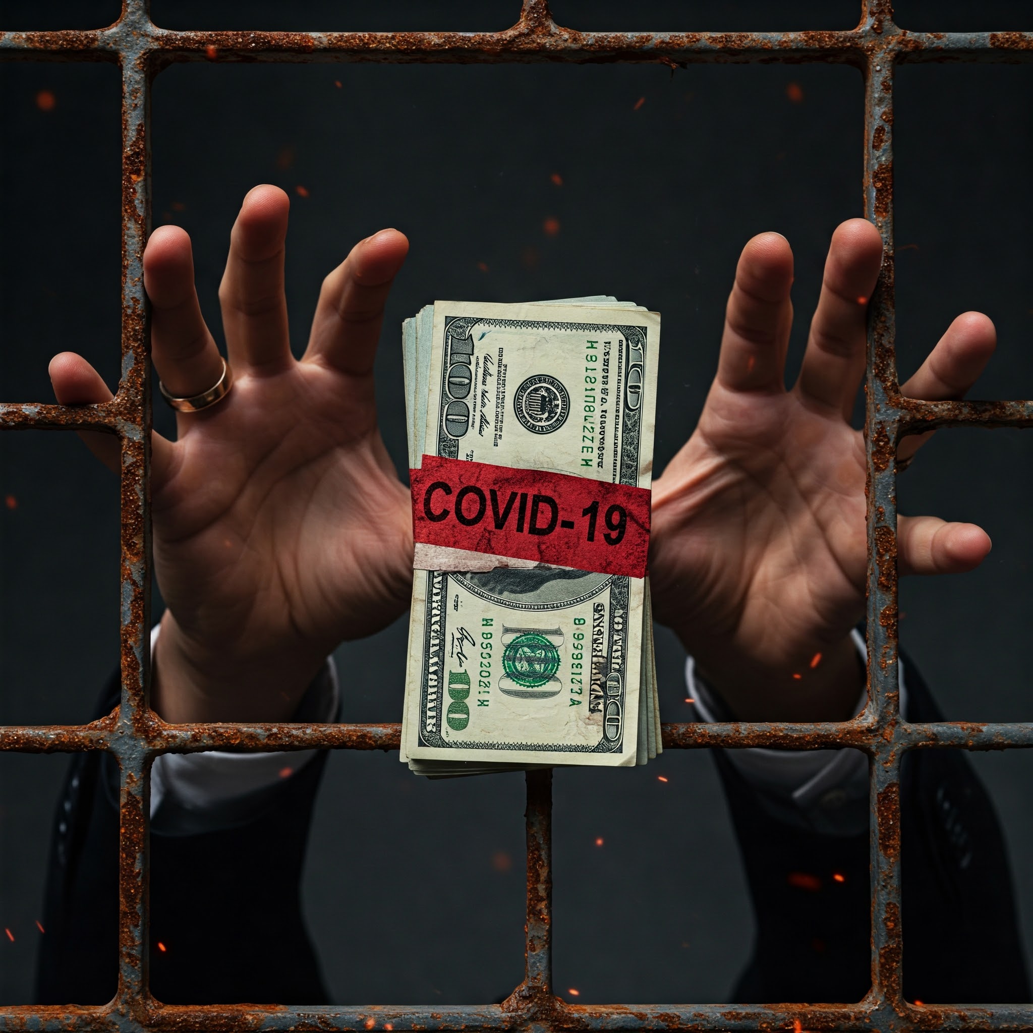 Conceptual image of hands reaching for COVID-19 relief funds, symbolizing PPP and EIDL loan fraud.