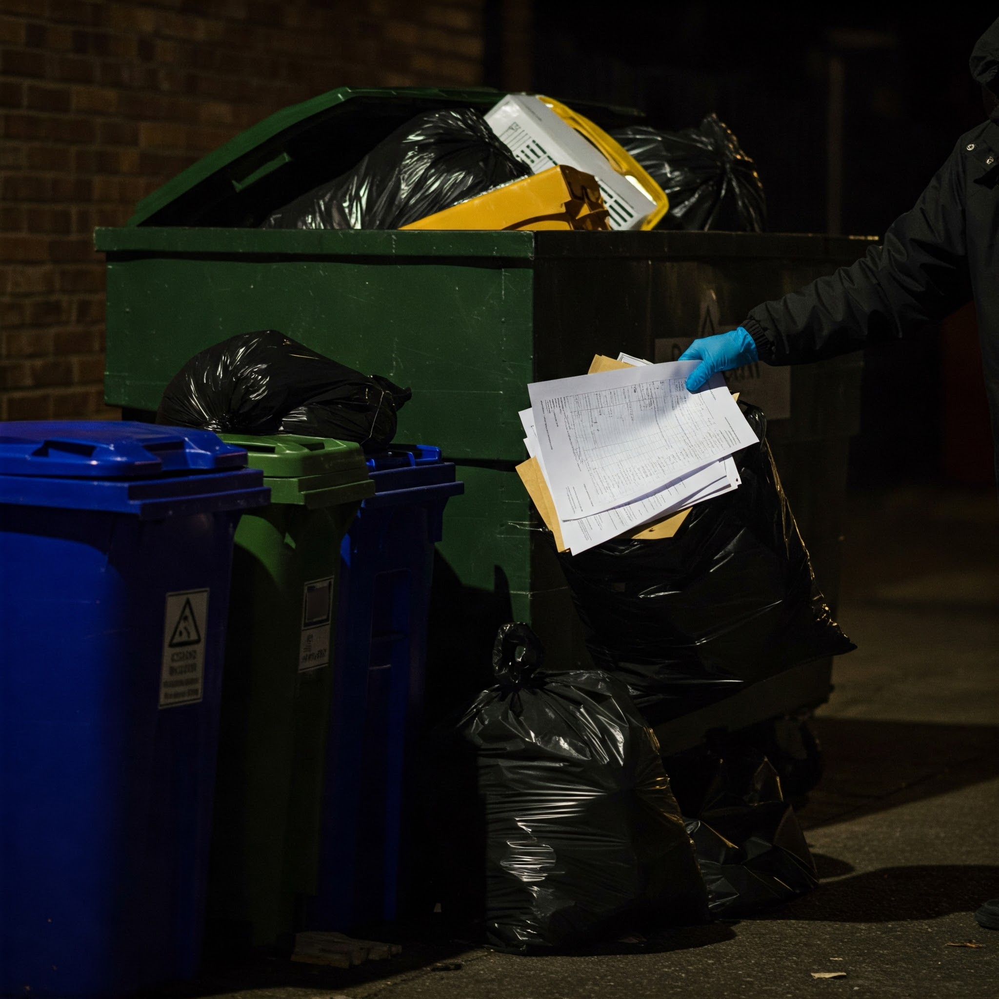 dumpster-diving-document-theft-risk Gloved hand pulling sensitive paper documents from an overflowing dumpster at night, illustrating the risk of identity theft and data breaches from improper document disposal.
