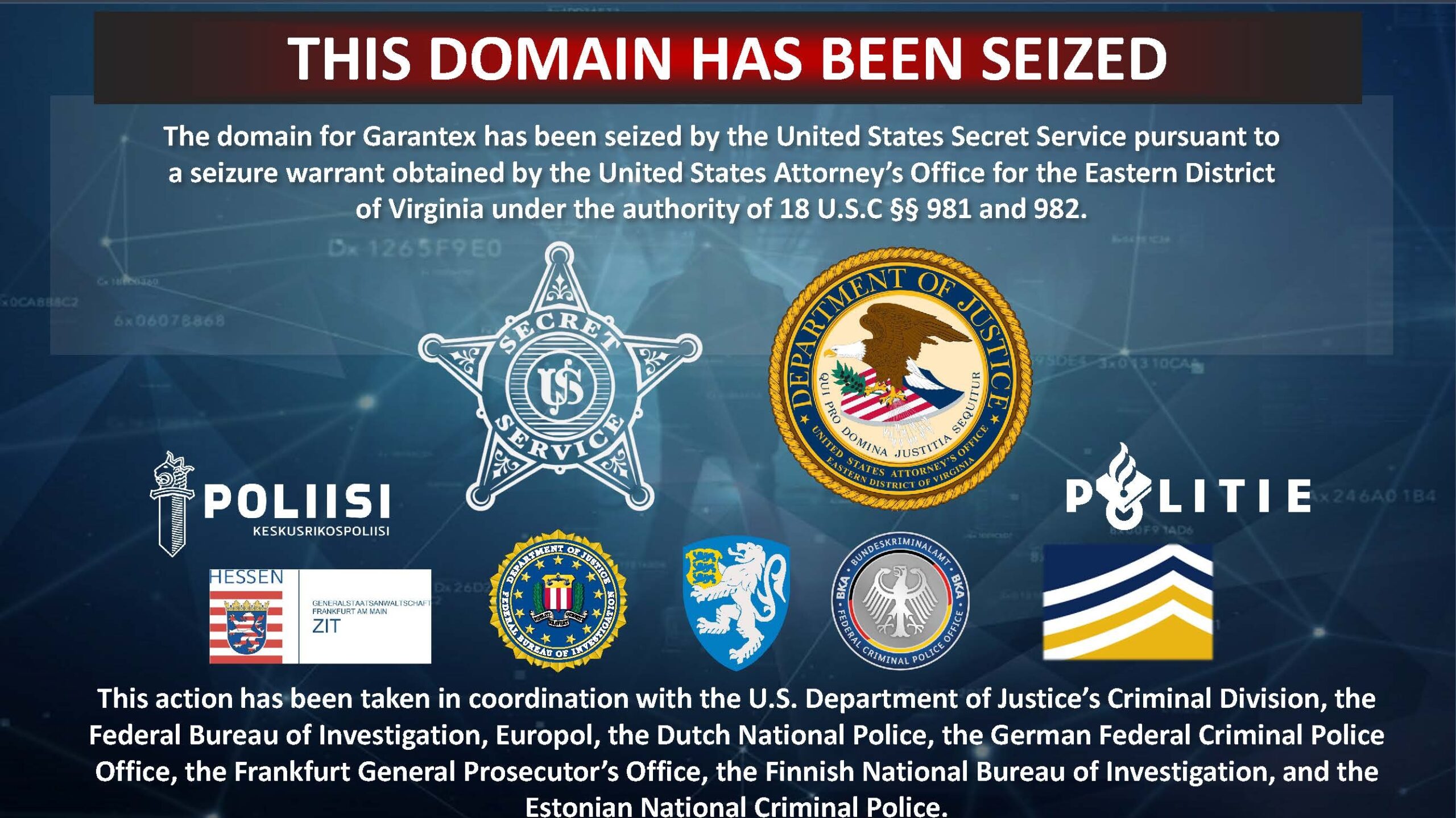 Official seizure notice displayed on Garantex.org, Garantex.io, and Garantex.academy domains after international law enforcement action against the cryptocurrency exchange for alleged money laundering. Garantex crypto exchange seized domain notice displayed by law enforcement.