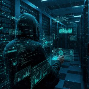 A visual representation of the hacker's playbook, showing various cyber threats like phishing, malware, and network vulnerabilities, along with cybersecurity defenses