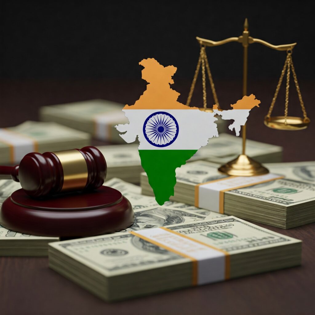 Conceptual image representing Trivikram Reddy's forfeiture of $40 million in overseas accounts after a healthcare fraud conviction. Shows stacks of US currency with an overlay of the Indian flag, symbolizing the funds' location.