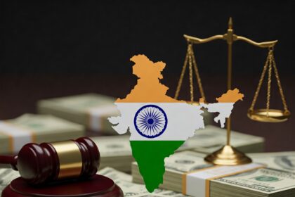 Conceptual image representing Trivikram Reddy's forfeiture of $40 million in overseas accounts after a healthcare fraud conviction. Shows stacks of US currency with an overlay of the Indian flag, symbolizing the funds' location.