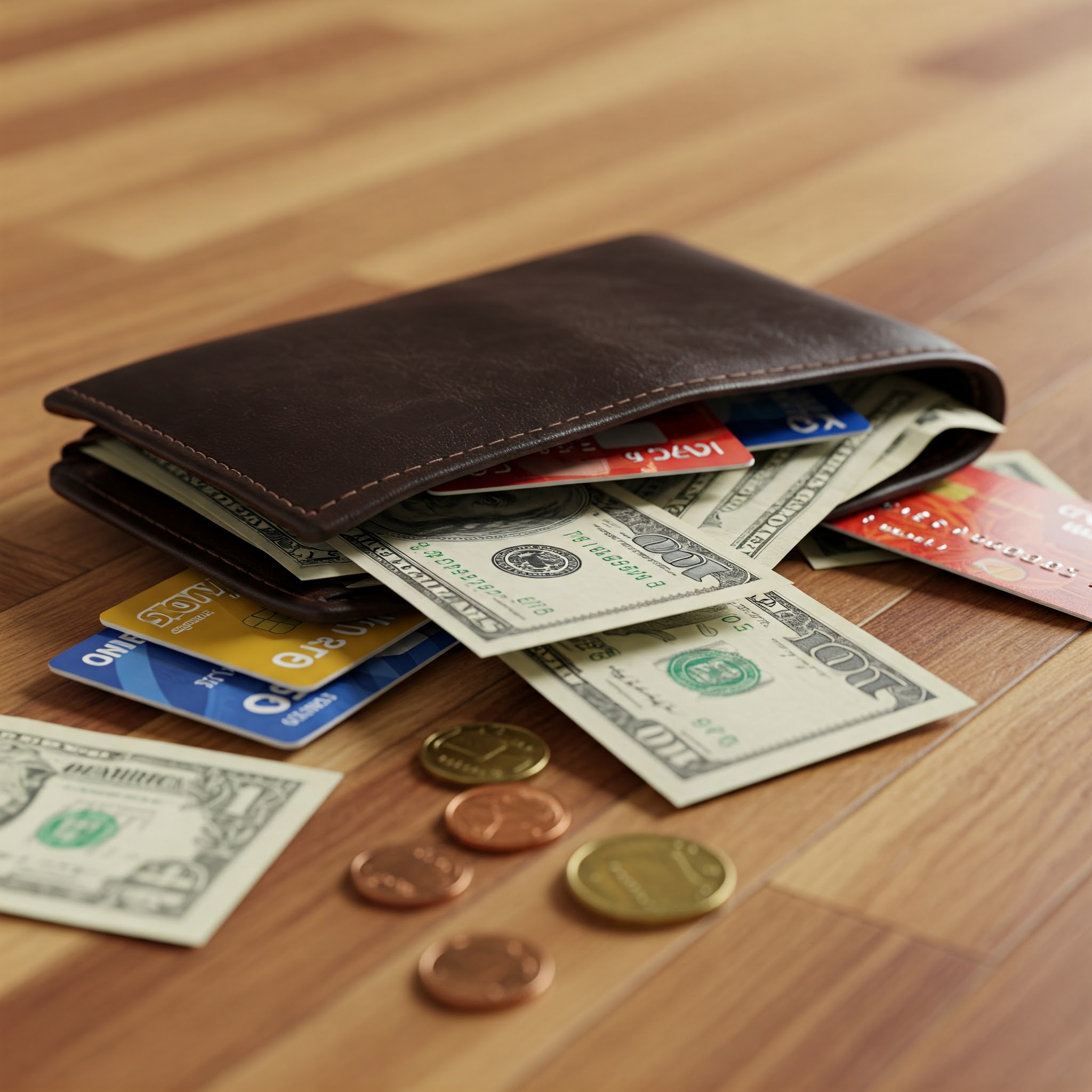 A wallet full of credit cards and cash