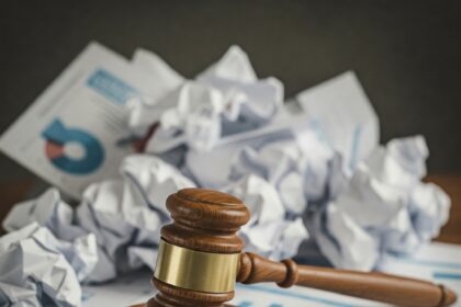 Gavel and handcuffs on financial documents symbolizing federal sentencing for embezzlement, wire fraud conspiracy, and aggravated identity theft.