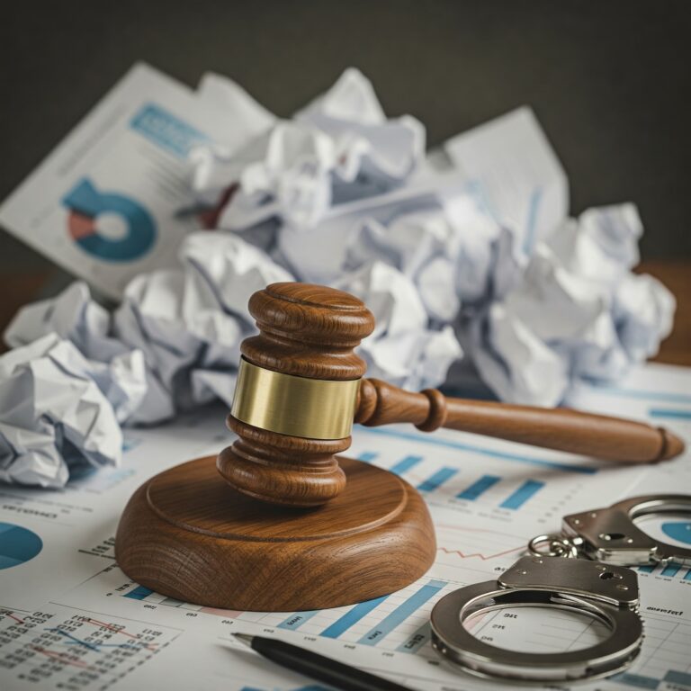Gavel and handcuffs on financial documents symbolizing federal sentencing for embezzlement, wire fraud conspiracy, and aggravated identity theft.