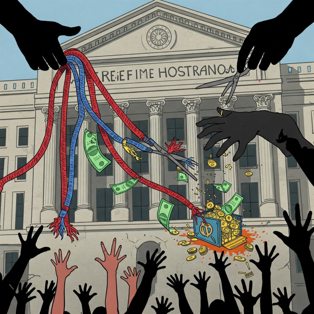 Exploited Lifelines: Anatomy of a Multi-Million Dollar Pandemic Relief Fraud - The Fayetteville Case 9 Illustration depicting shadowy hands cutting lifeline ropes representing COVID relief programs like EIDL and MSLP, symbolizing pandemic fraud.