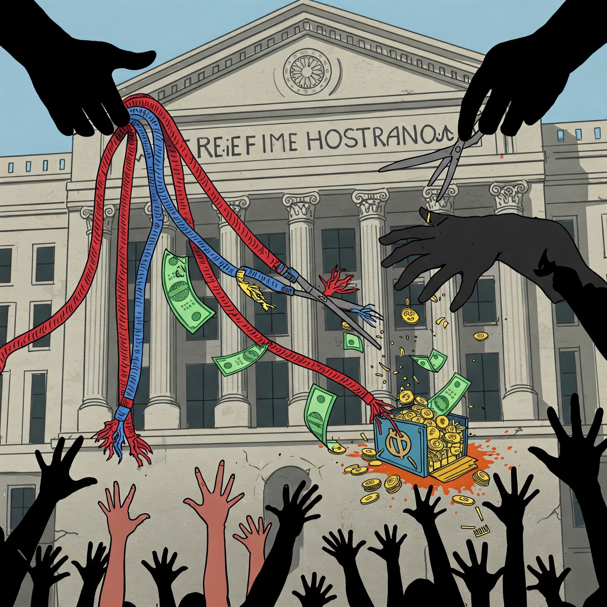Illustration depicting shadowy hands cutting lifeline ropes representing COVID relief programs like EIDL and MSLP, symbolizing pandemic fraud.