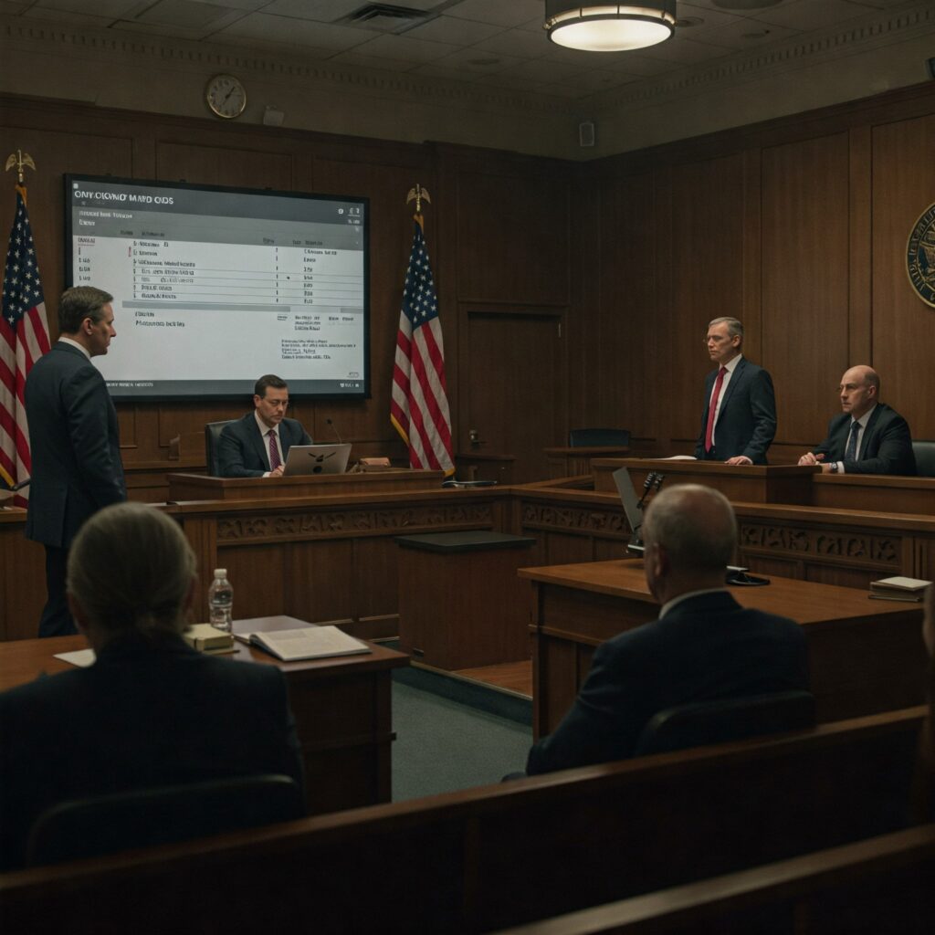 Barco Uniforms Hit with Major False Claims Act Lawsuit Over Alleged Customs Duty Evasion Scheme 19 A courtroom scene with a judge, lawyers, and jurors during a customs duty evasion lawsuit.