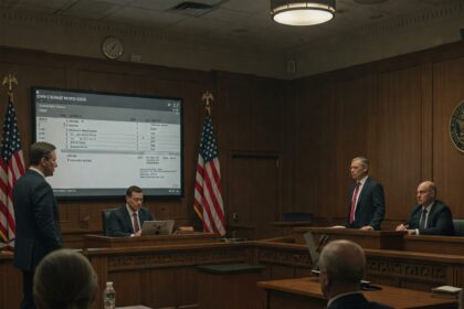 A courtroom scene with a judge, lawyers, and jurors during a customs duty evasion lawsuit.