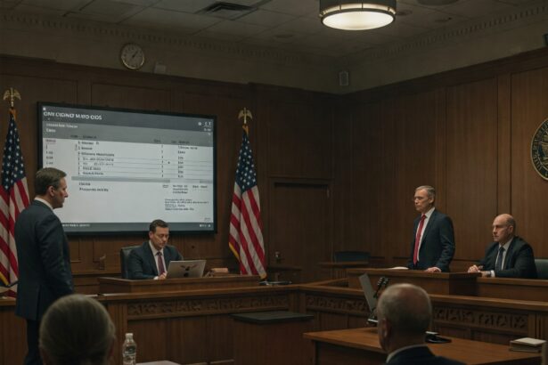 A courtroom scene with a judge, lawyers, and jurors during a customs duty evasion lawsuit.