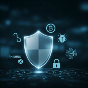 Digital shield protecting a user from online scam threats like phishing hooks, malware icons, and fraudulent currency symbols.