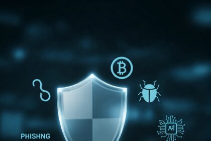 Digital shield protecting a user from online scam threats like phishing hooks, malware icons, and fraudulent currency symbols.