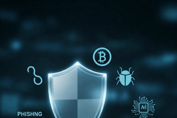 Digital shield protecting a user from online scam threats like phishing hooks, malware icons, and fraudulent currency symbols.