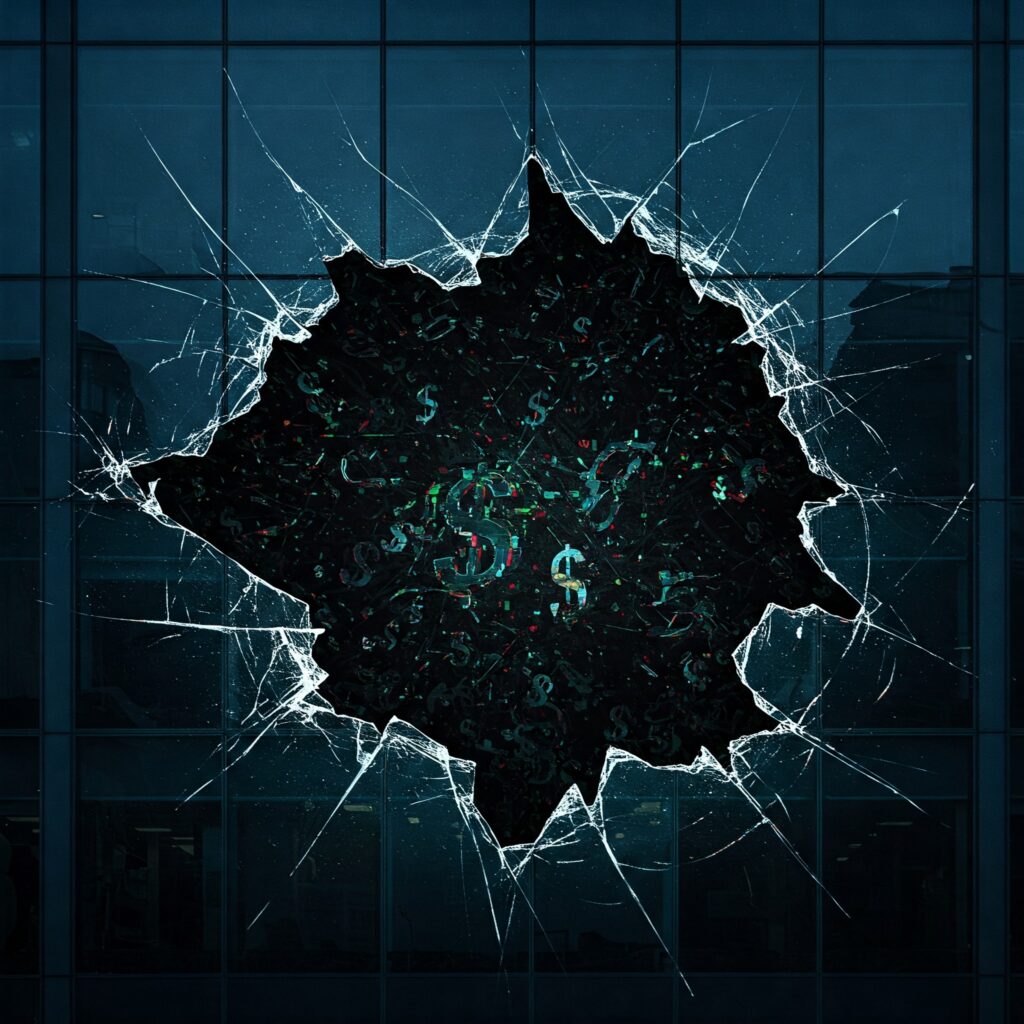 Cracking modern building facade reveals chaotic financial data and falling dollar signs within, symbolizing the Mara Investment Group hedge fund fraud and collapse.