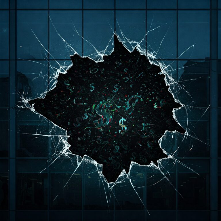 Cracking modern building facade reveals chaotic financial data and falling dollar signs within, symbolizing the Mara Investment Group hedge fund fraud and collapse.