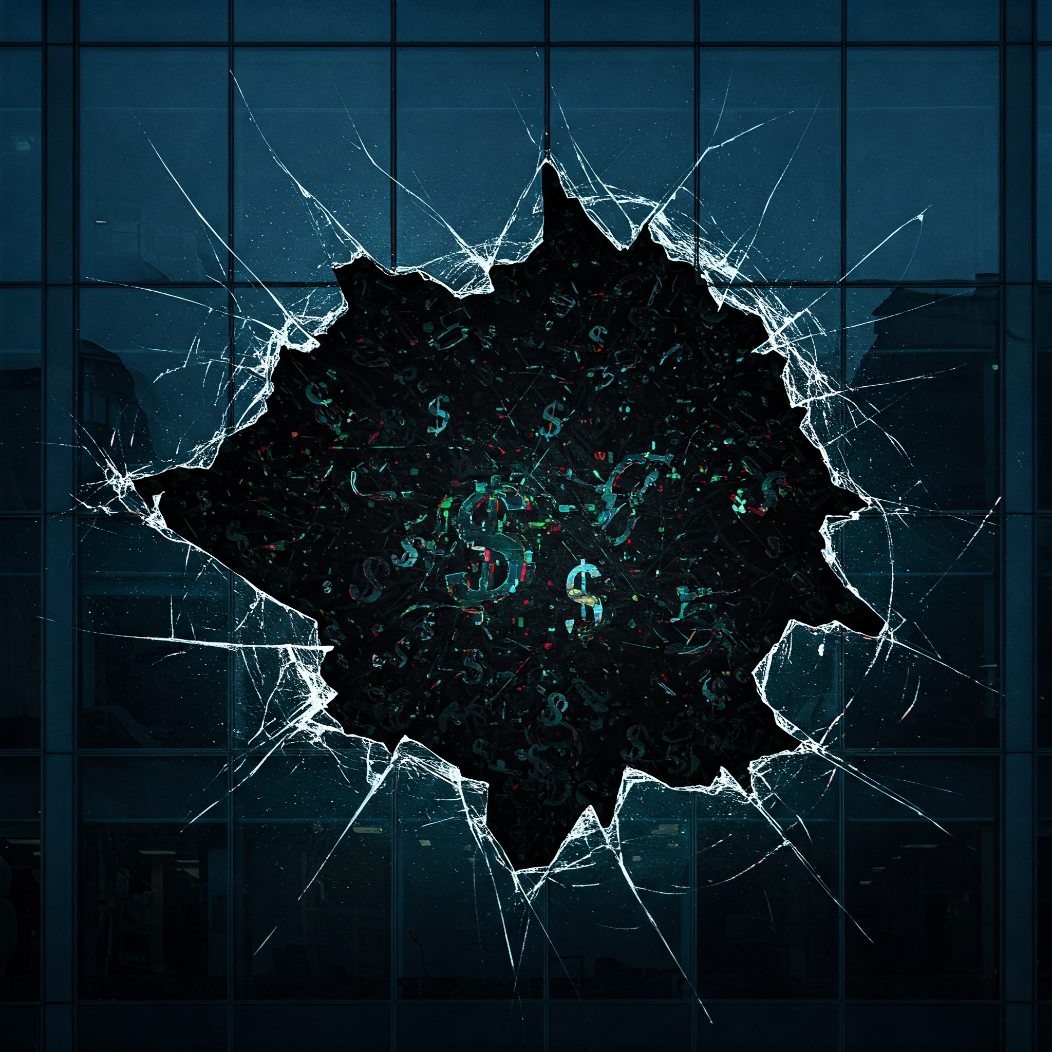 Cracking modern building facade reveals chaotic financial data and falling dollar signs within, symbolizing the Mara Investment Group hedge fund fraud and collapse.