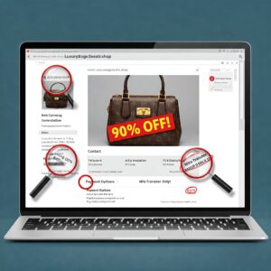 Illustration highlighting red flags on a fake online store website example, showing suspicious URL, unrealistic discount, and payment warnings indicating e-commerce fraud.