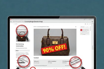 Illustration highlighting red flags on a fake online store website example, showing suspicious URL, unrealistic discount, and payment warnings indicating e-commerce fraud.