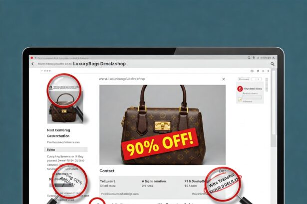 Illustration highlighting red flags on a fake online store website example, showing suspicious URL, unrealistic discount, and payment warnings indicating e-commerce fraud.
