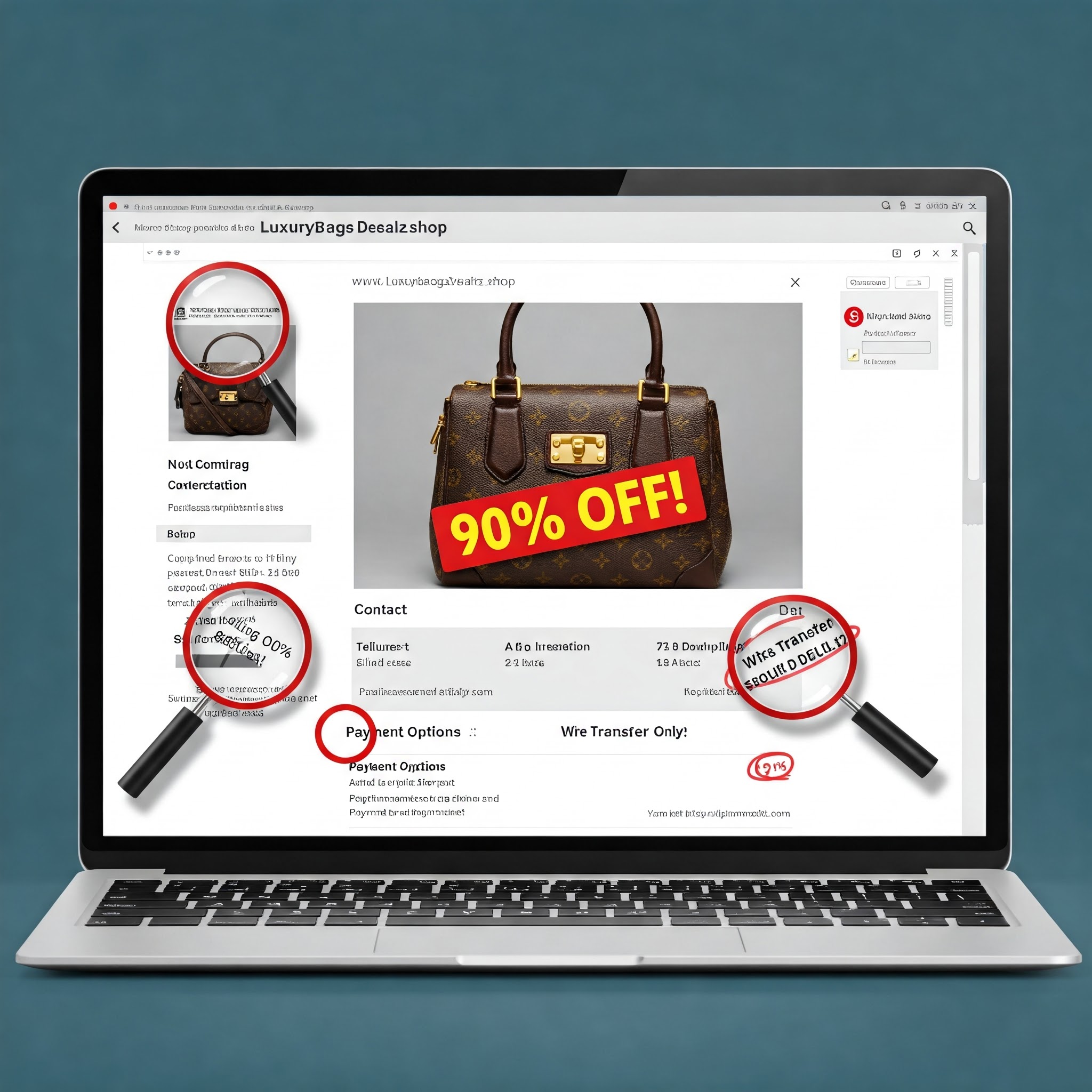 Illustration highlighting red flags on a fake online store website example, showing suspicious URL, unrealistic discount, and payment warnings indicating e-commerce fraud.